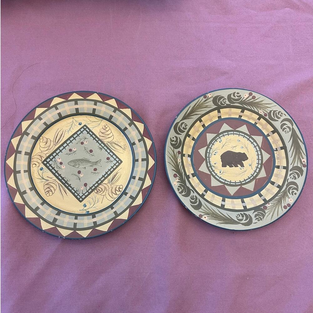 Rustic Lodge bear and fish plates camp cabin nature decor